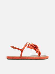 Sandália Rasteira Laranja Couro Tiras Slim Flor