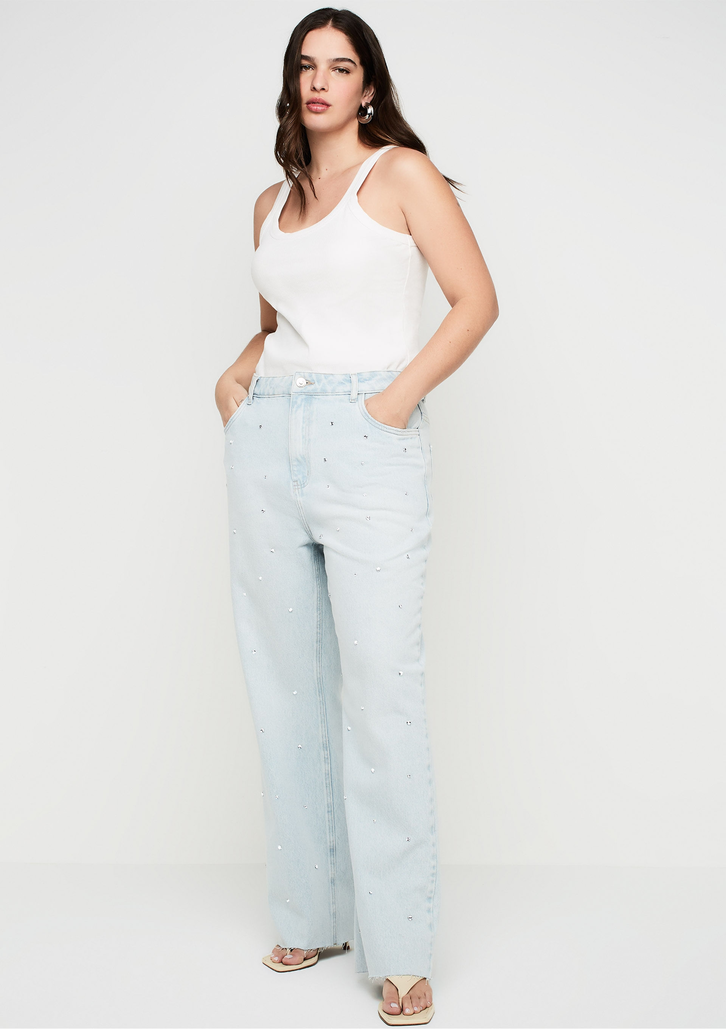 Calça Jeans Azul DZARM Reta Cintura Alta Com Brilhos