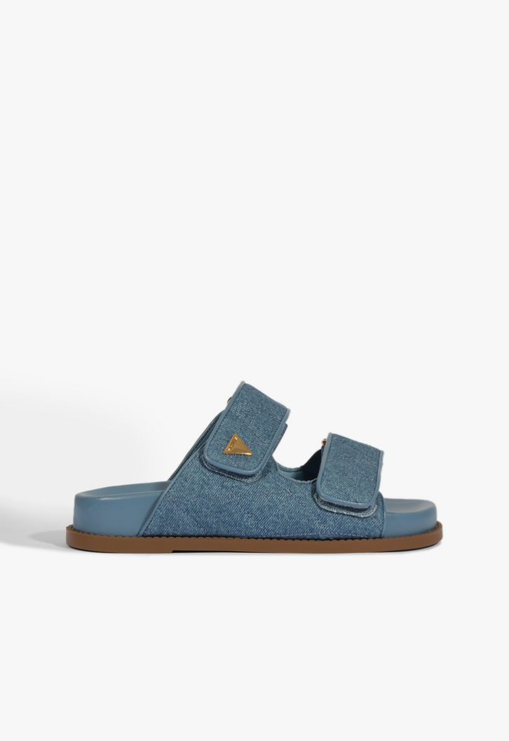 Sandália Papete Tiras Couro Jeans Azul