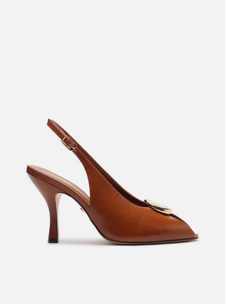 Peep Toe Marrom Couro Salto Alto Slingback | ZZ MALL
