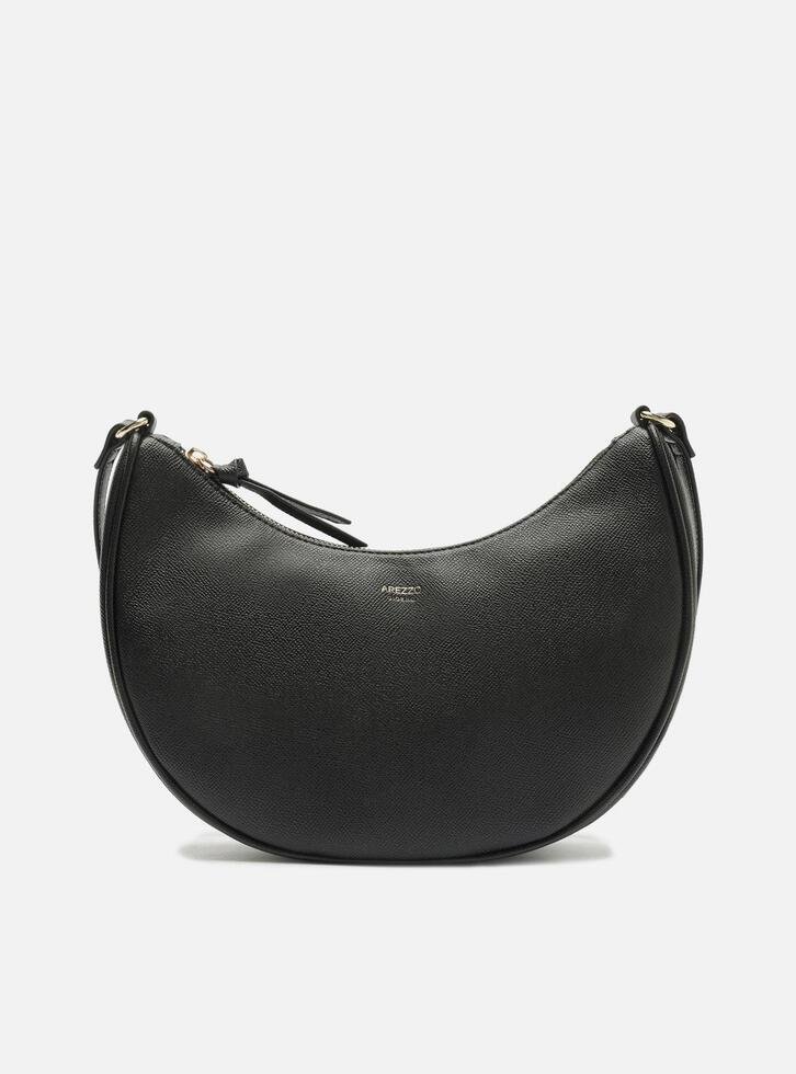 Bolsa Hobo Preta Média Granulada Metais Dourados