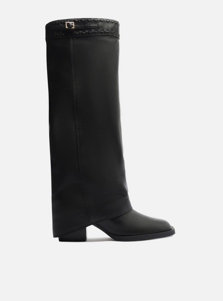 Bota Preta Couro Cano Longo Polaina Folk