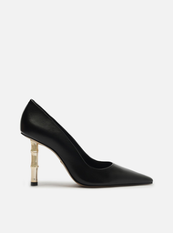 Scarpin Preto Arezzo Couro Salto Bamboo Metal