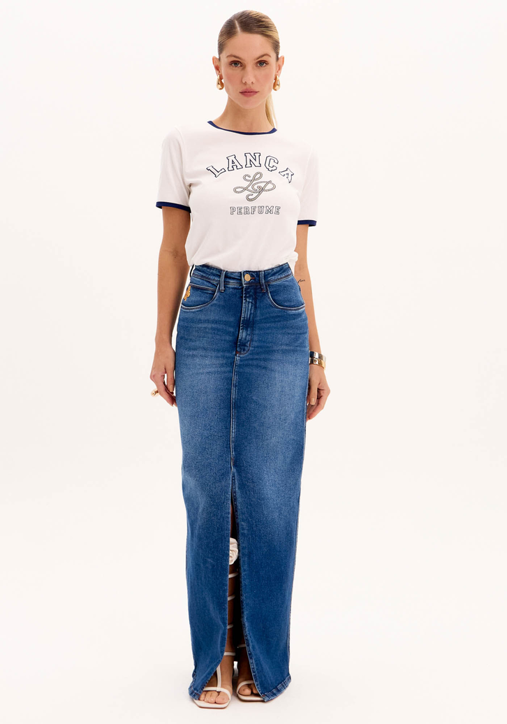 Saia Jeans Azul Lança Perfume Longa Fenda