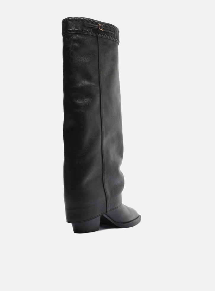 Bota Preta Couro Cano Longo Polaina Folk