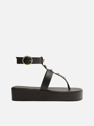 Sandália Flatform Preta Arezzo Couro Tiras Aplicações