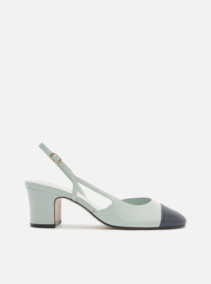 Scarpin Azul Bicolor Couro Salto Médio Bloco Slingback