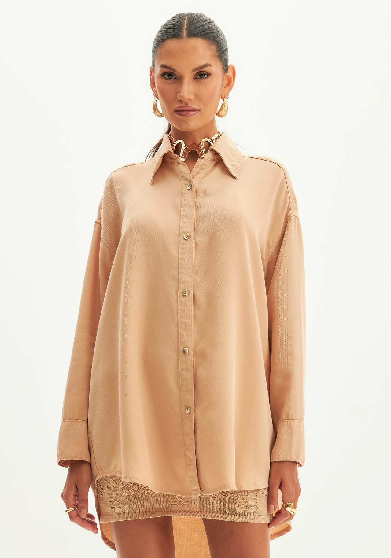 Camisa Bege Lança Perfume Sarja Oversized