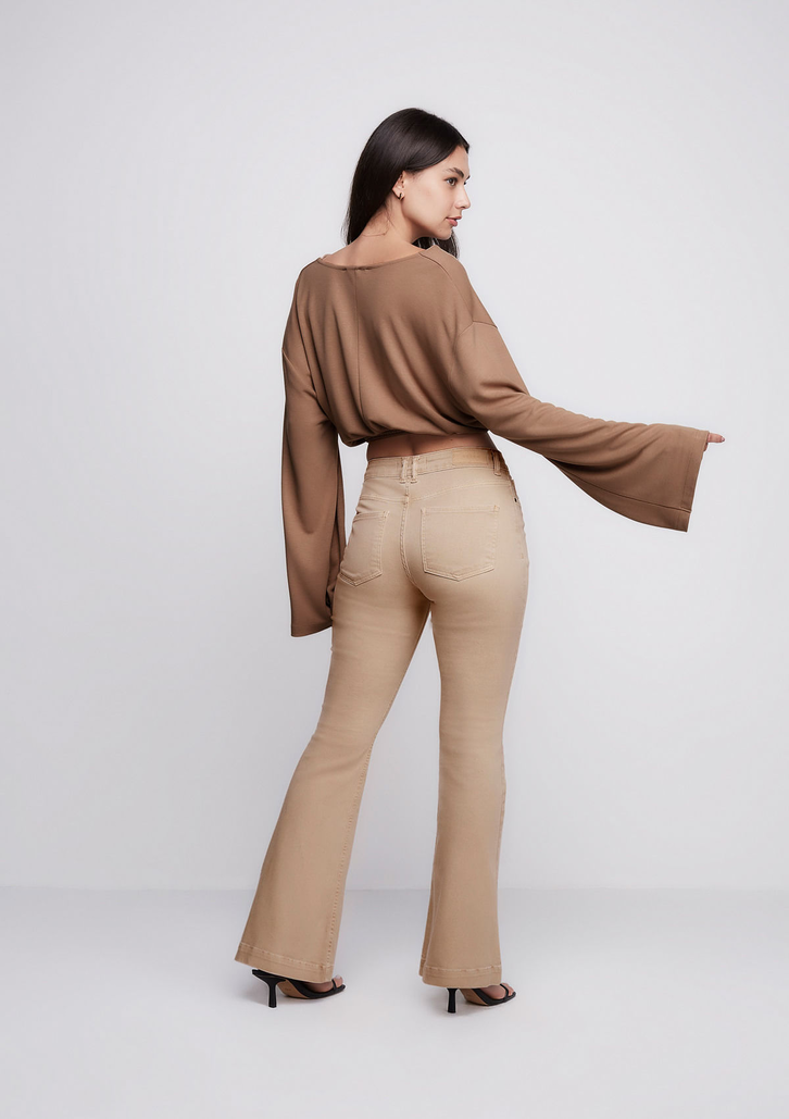 Calça Flare Bege Off White DZARM Slim Cintura Média
