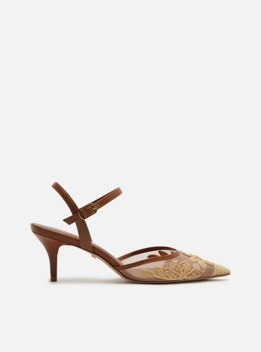 Scarpin Marrom Tule Salto Kitten Slingback Bordado