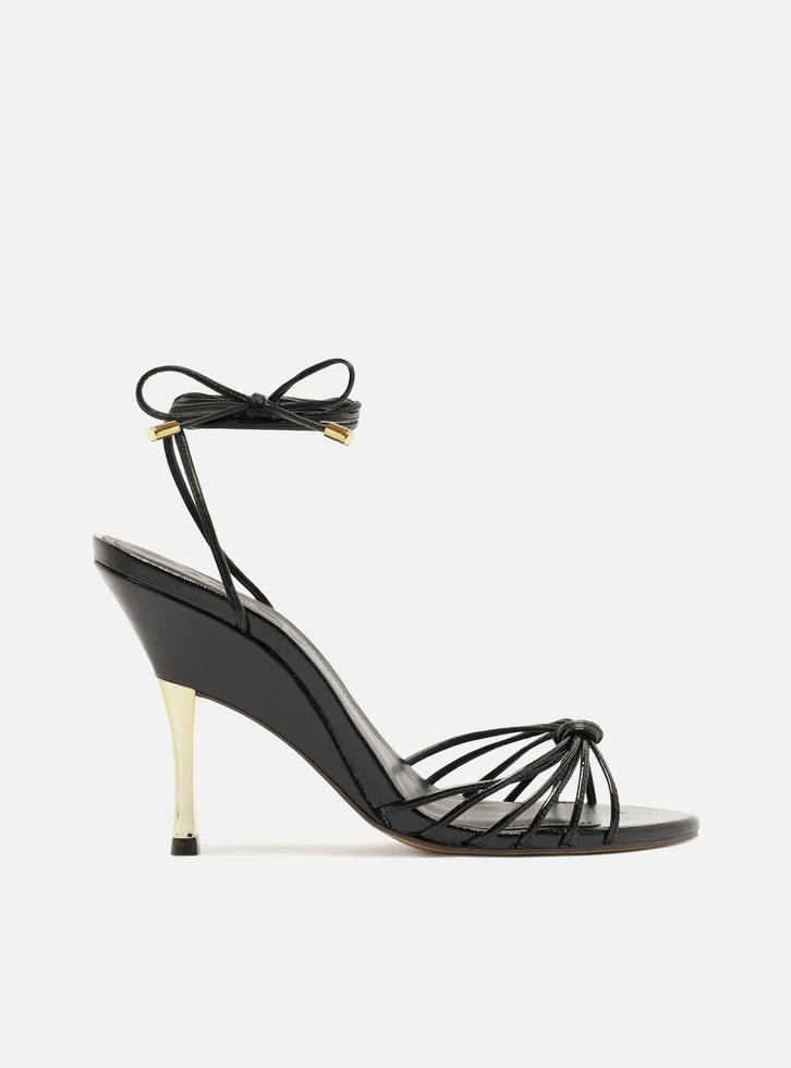 Sandália Preta Couro Salto Alto Fino Amarração