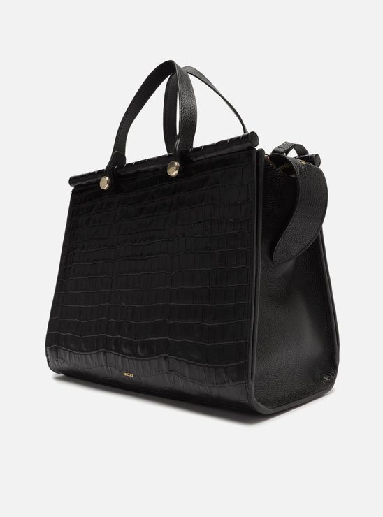 Bolsa Shopping Preta Couro Savannah Grande Croco