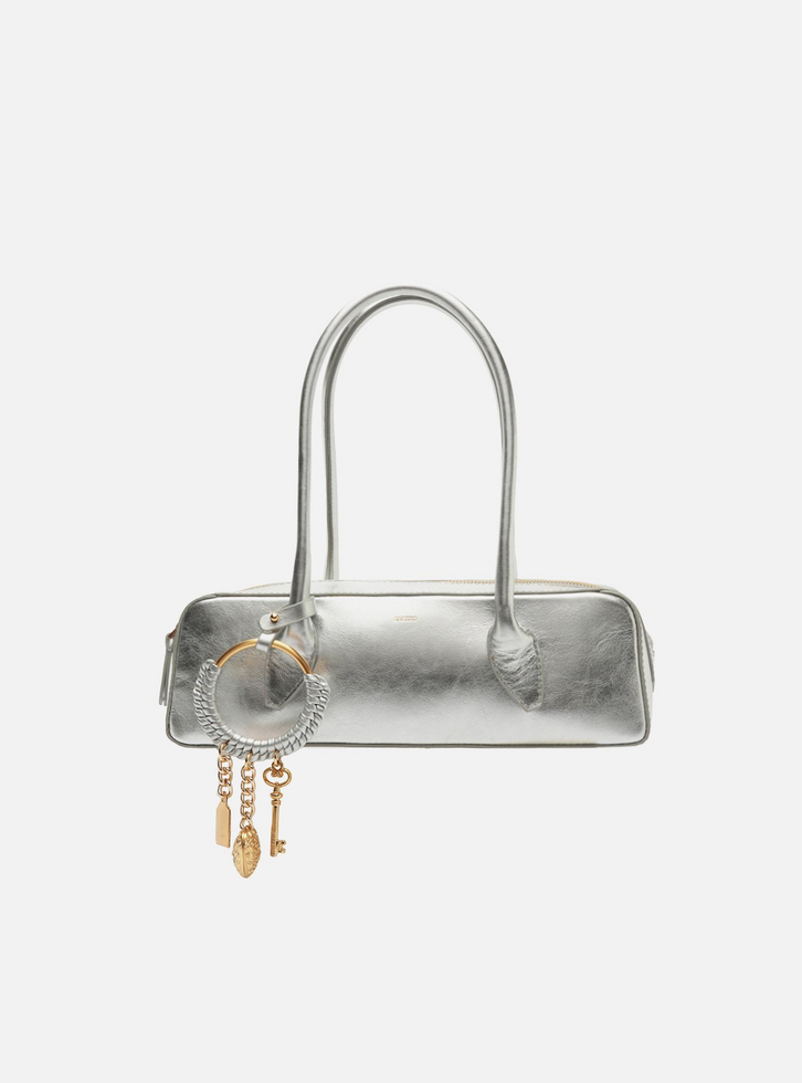 Bolsa Shoulder Prata Couro Média Metais