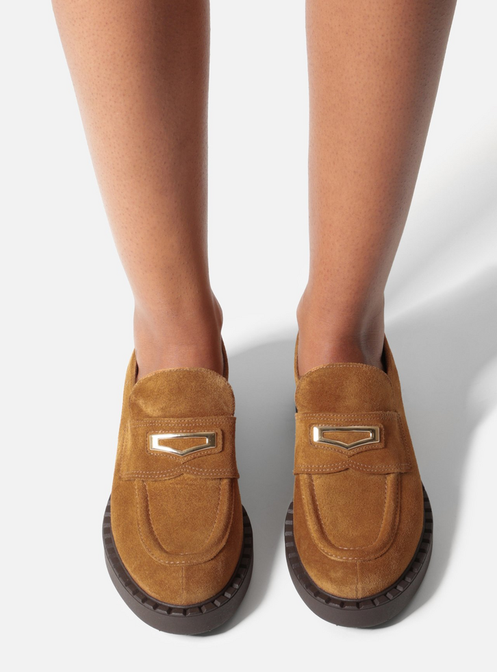 Mocassim Marrom Couro Salto Bloco Metal