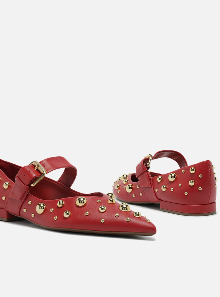 Sapatilha Boneca Vermelha Couro Maxi Tachas