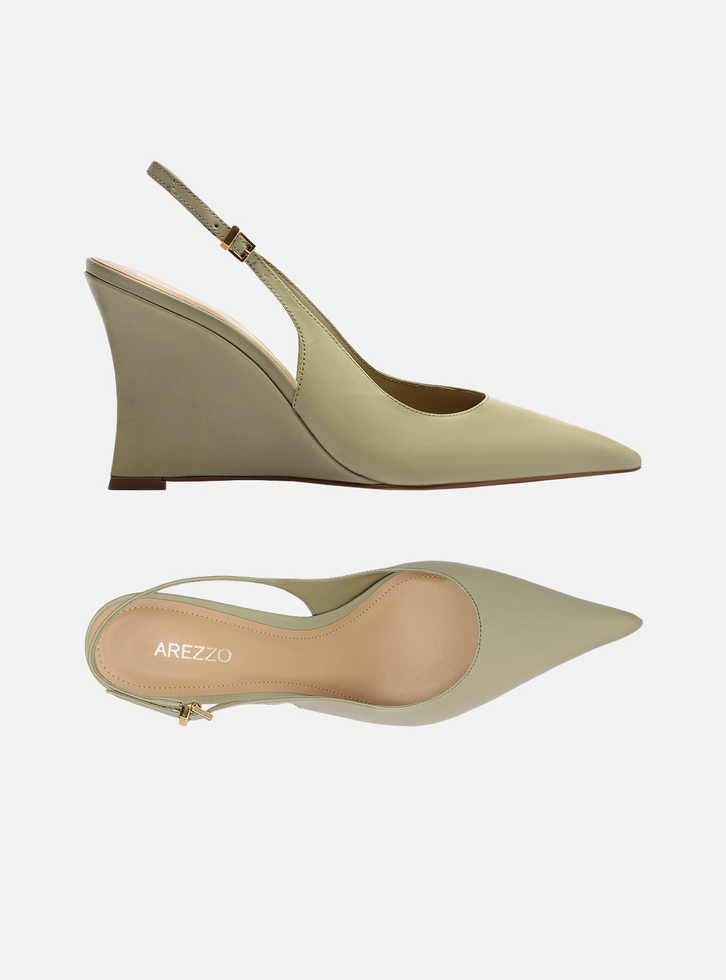 Scarpin Verde Oliva Couro Salto Alto Anabela Slingback