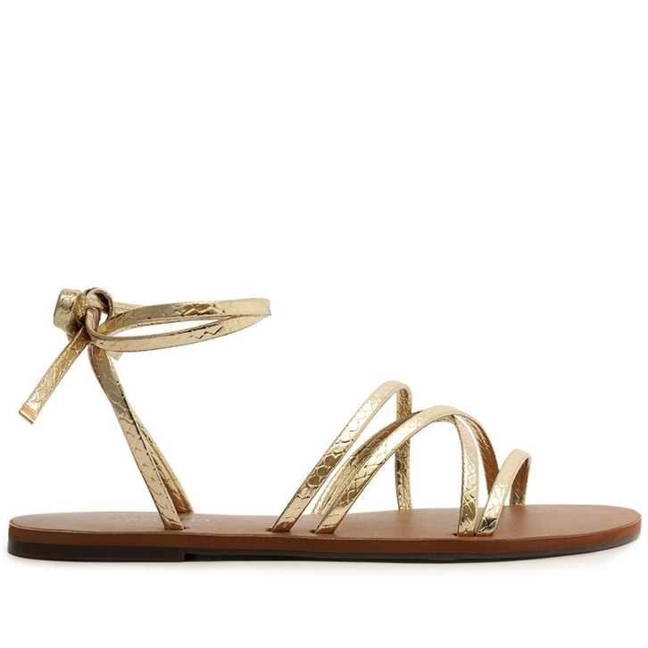 Sandália Rasteira Tiras Finas Amarração Dourada
