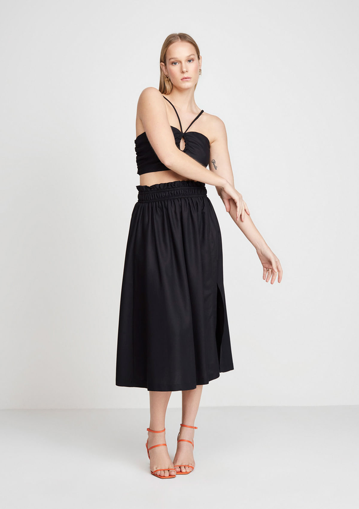 Saia Preta DZARM Midi Em Crepe Evasê