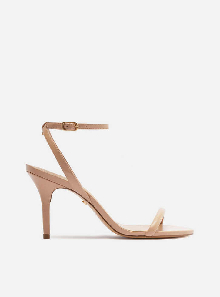 Sandália Bege Couro Salto Fino Tiras Minimal