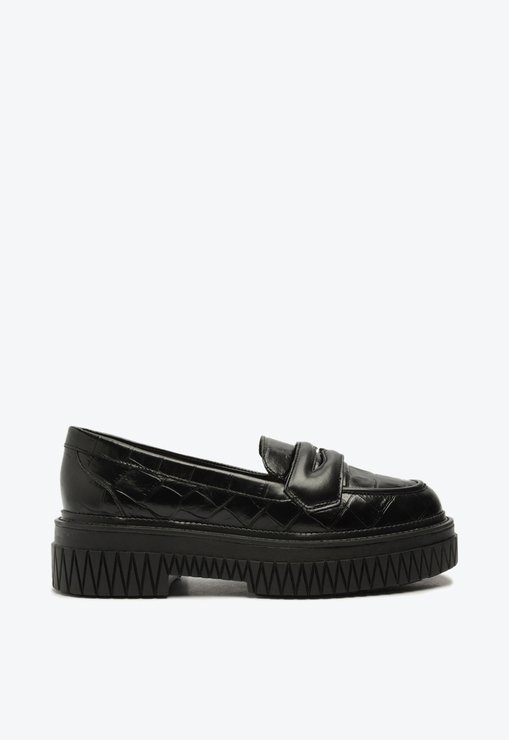Sapato Mocassim Tratorado Viola Couro Croco Preto