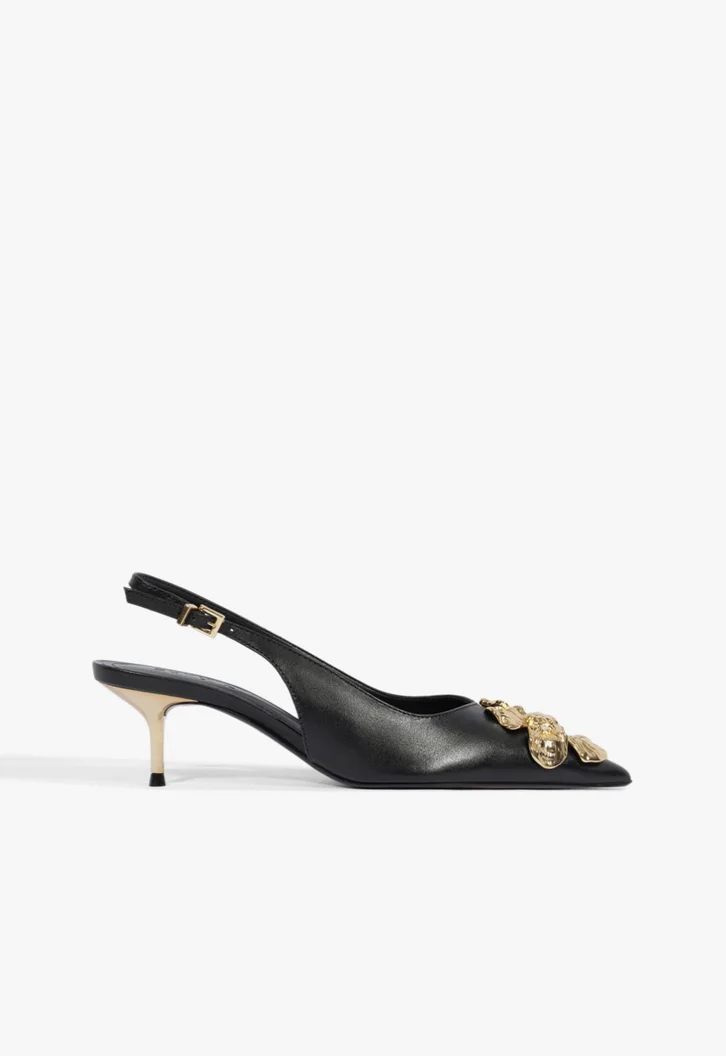 Scarpin Slingback Flora Salto Mid Couro Preto