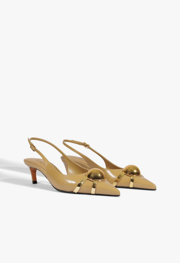 Scarpin Slingback Salto Mini Couro Enfeite Bege