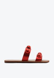 Rasteira Tiras Paralelas Esfera Pop Couro Vermelha