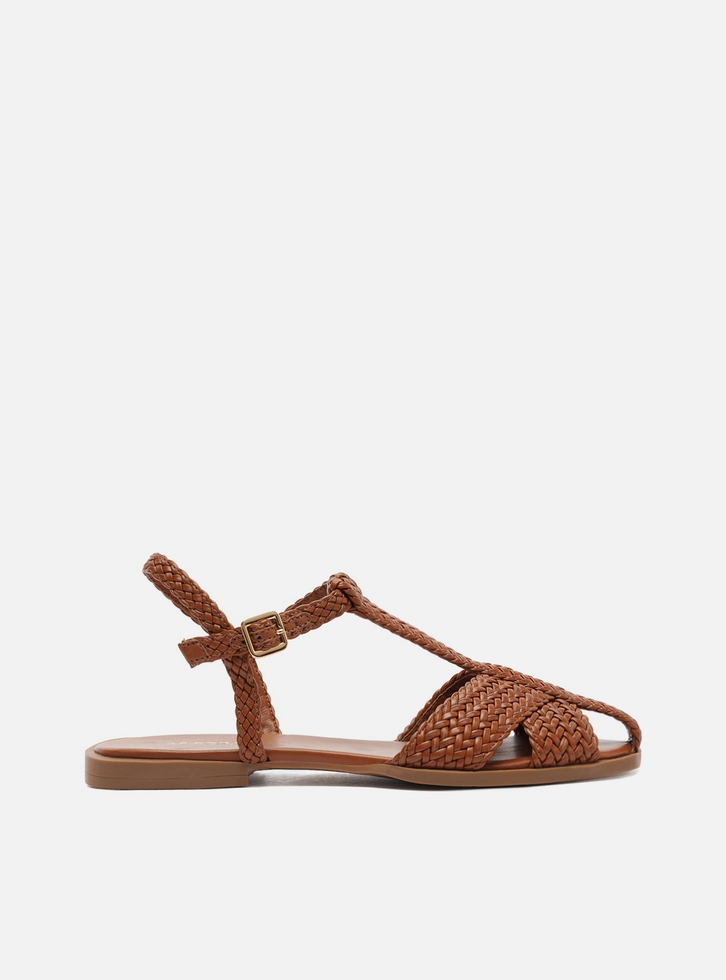 Sandália Rasteira Marrom Tiras Trançadas
