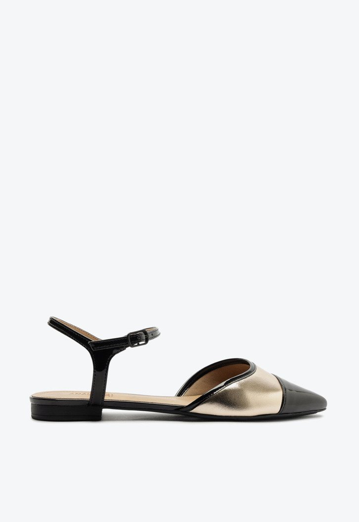Sandália Rasteira Slingback Bicolor Dourada e Preta