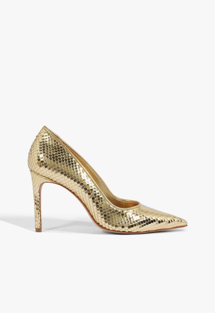 Sapato Scarpin Dourado Schutz Salto Alto Snake