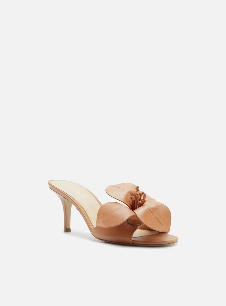 Mule Marrom Couro Salto Fino Flor Fiori