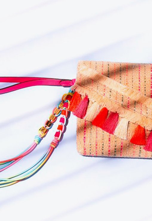 Bolsa de Mão Funcy Ráfia Bege e Rosa
