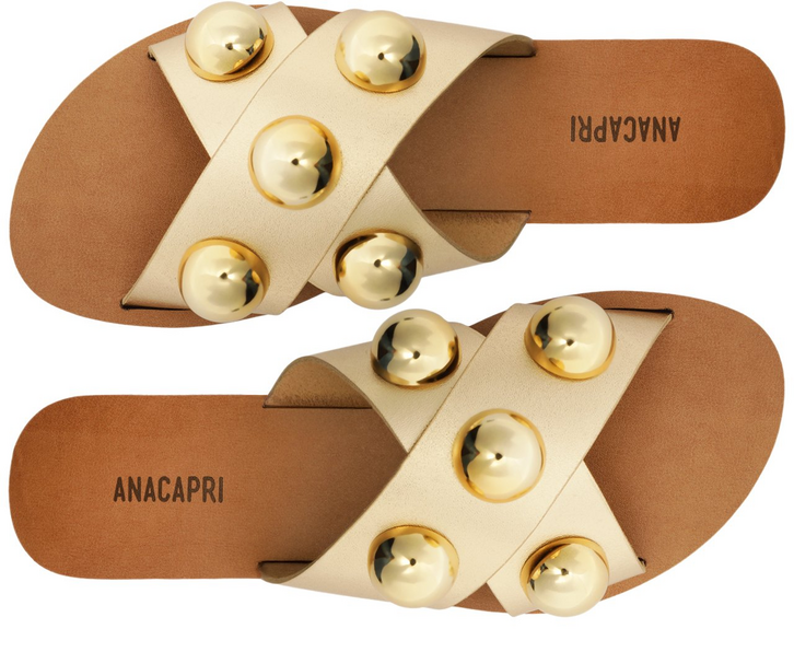 Rasteira Tiras Cruzadas Couro Adorno Dourada