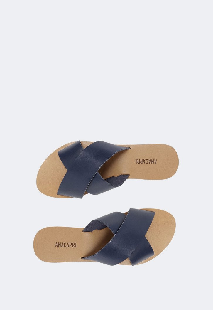 Rasteira Azul Navy Couro Tiras Cruzadas