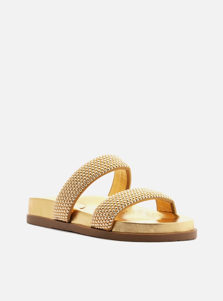 Sandália Papete Dourada Tiras Strass