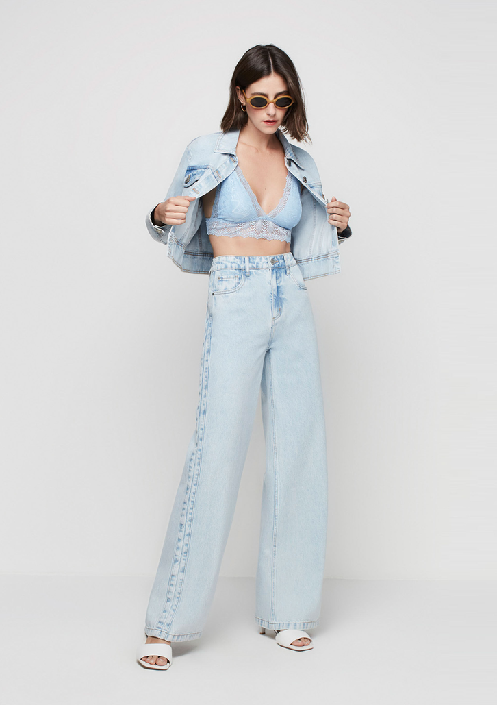 Top Azul Dzarm Cropped Em Renda Alças Largas