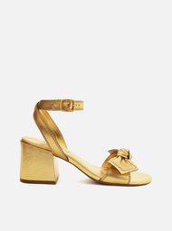 Sandália Dourada Arezzo Couro Salto Bloco Laço Pesponto