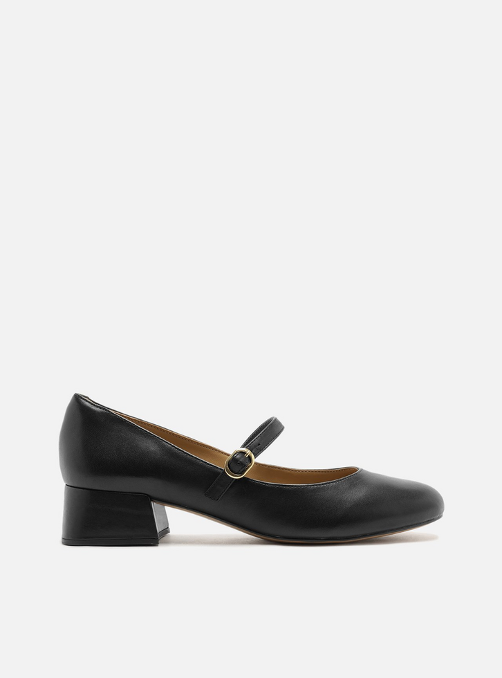 Scarpin Preto Couro Salto Bloco Fivela