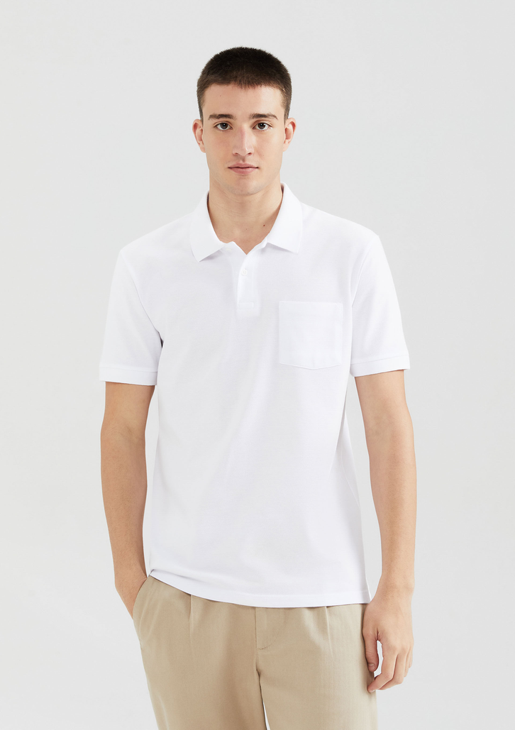 Camisa Polo Branco Básica Em Piquet Com Bolso