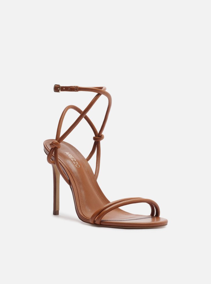 Sandália Marrom Caramel Salto Fino Tiras Knot