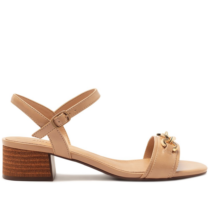 Sandália Salto Bloco Tira Bridão Bege