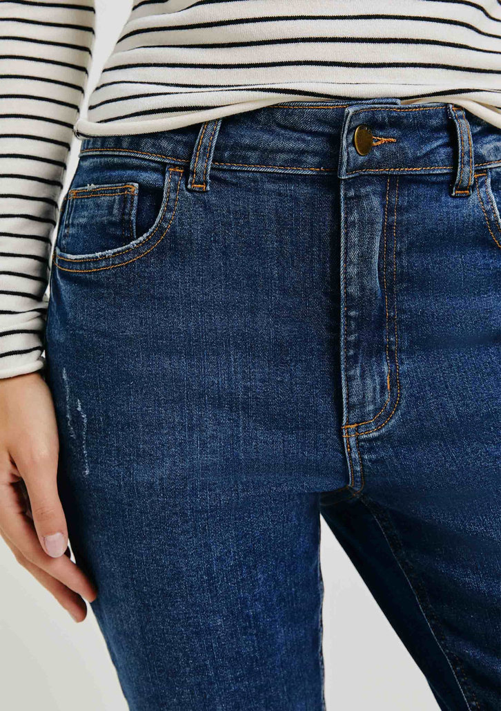 Calça Jeans Azul Escuro Hering Básica Feminina Cintura Média Skinny Com Puídos