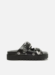 Sandália Flatform Preta Arezzo Couro Fivelas Metais