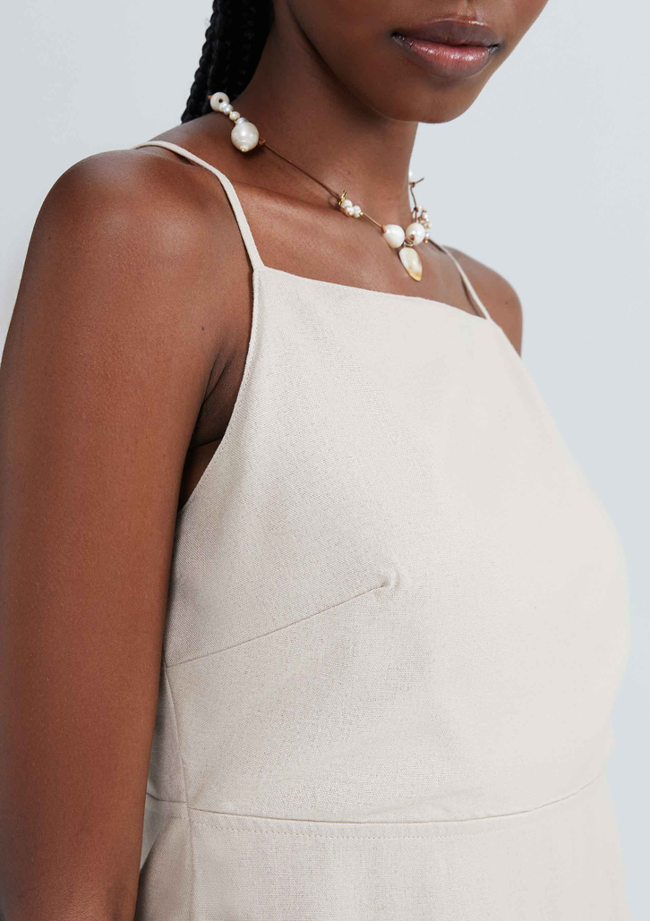 Vestido Bege Hering Curto Acinturado Com Linho