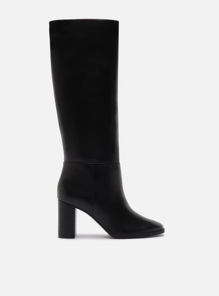 Bota Preta Couro Cano Longo Salto Médio Bloco