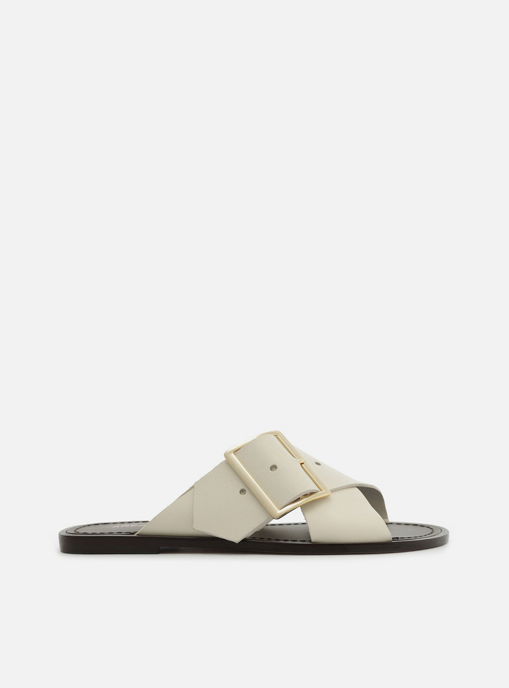 Rasteira Branca Couro Tiras Cruzadas Fivela