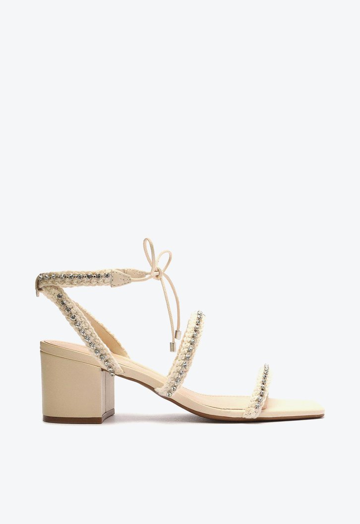 Sandália Off-White Arezzo Salto Médio Bloco Strass Mykonos