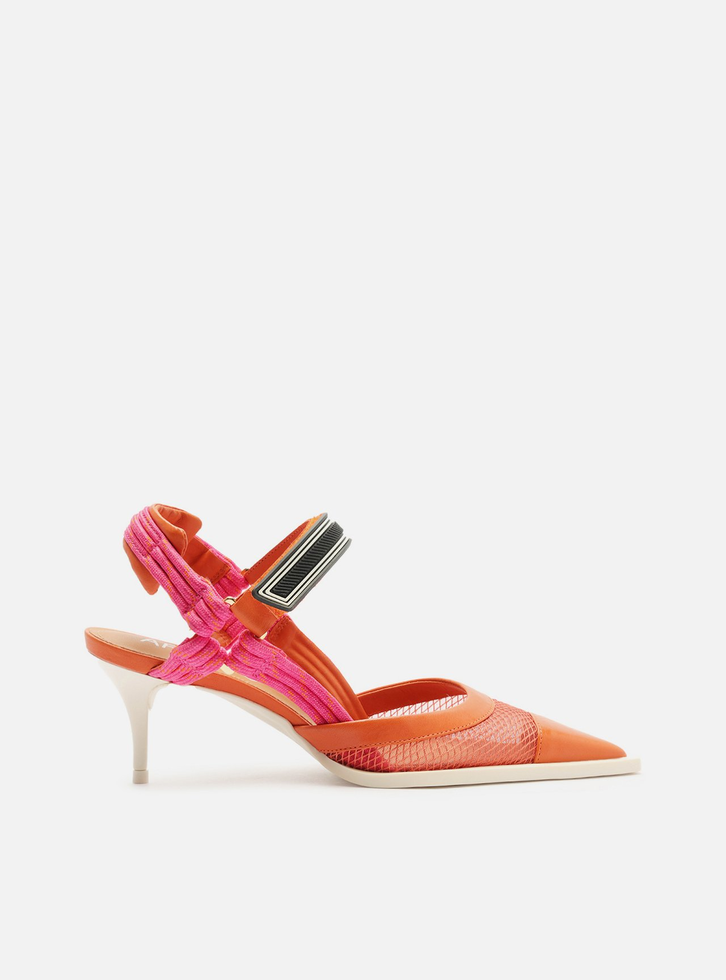 Scarpin Laranja Tela Salto Baixo Slingback Cordão