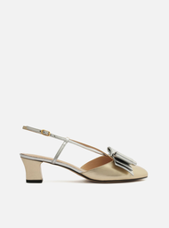 Scarpin Dourado Couro Salto Baixo Slingback Laço