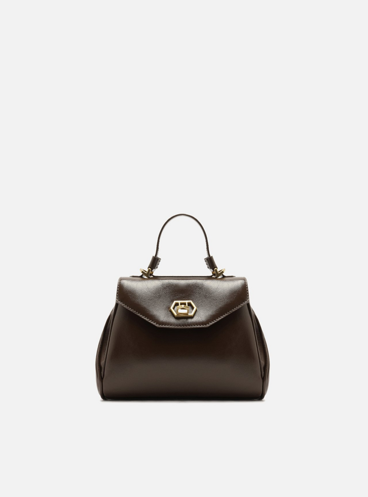 Bolsa Satchel Marrom Couro Pequena Fecho Dourado | ZZ MALL